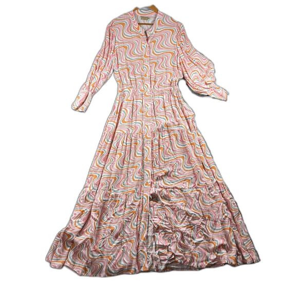 Skemo Anthropologie Maxi Dress Beaded Tiered Balloon Sleeve Boho Swirl Med F165 - Picture 1 of 13